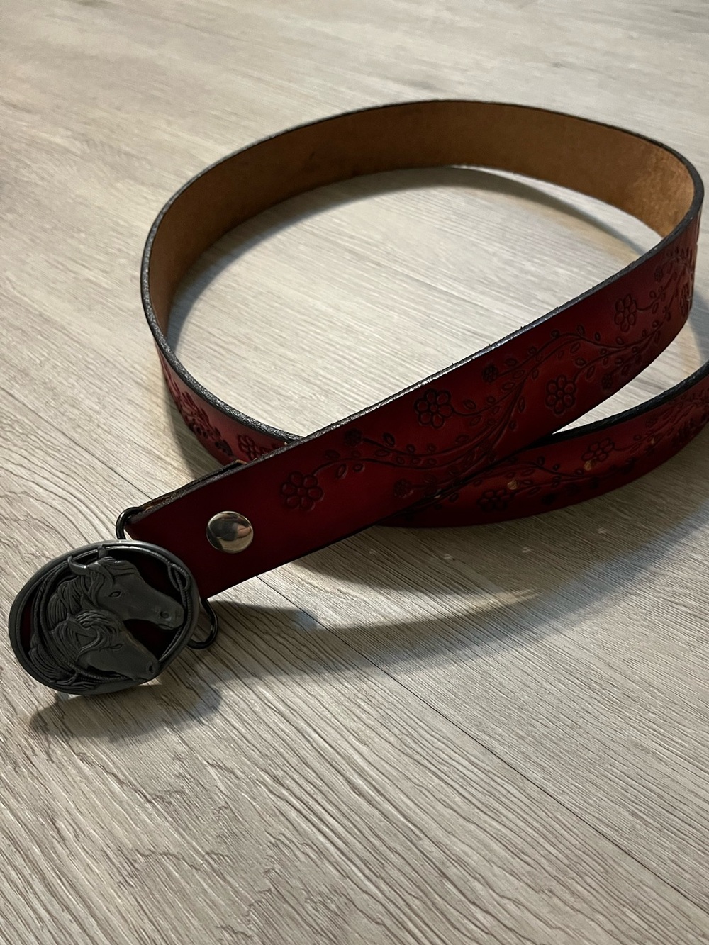 Siskiyou Buckle Co. Red Tooled Floral Leather Belt with Horse-Head Buckle